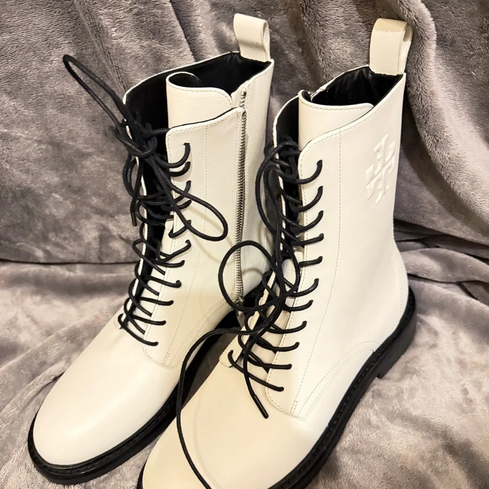 Tory Burch White Leather Lace-Up Combat Boot with Black Laces